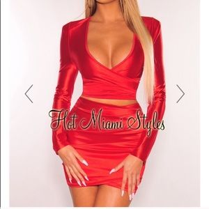 Red Satin Wrap Ruched Skirt Two Piece Set
